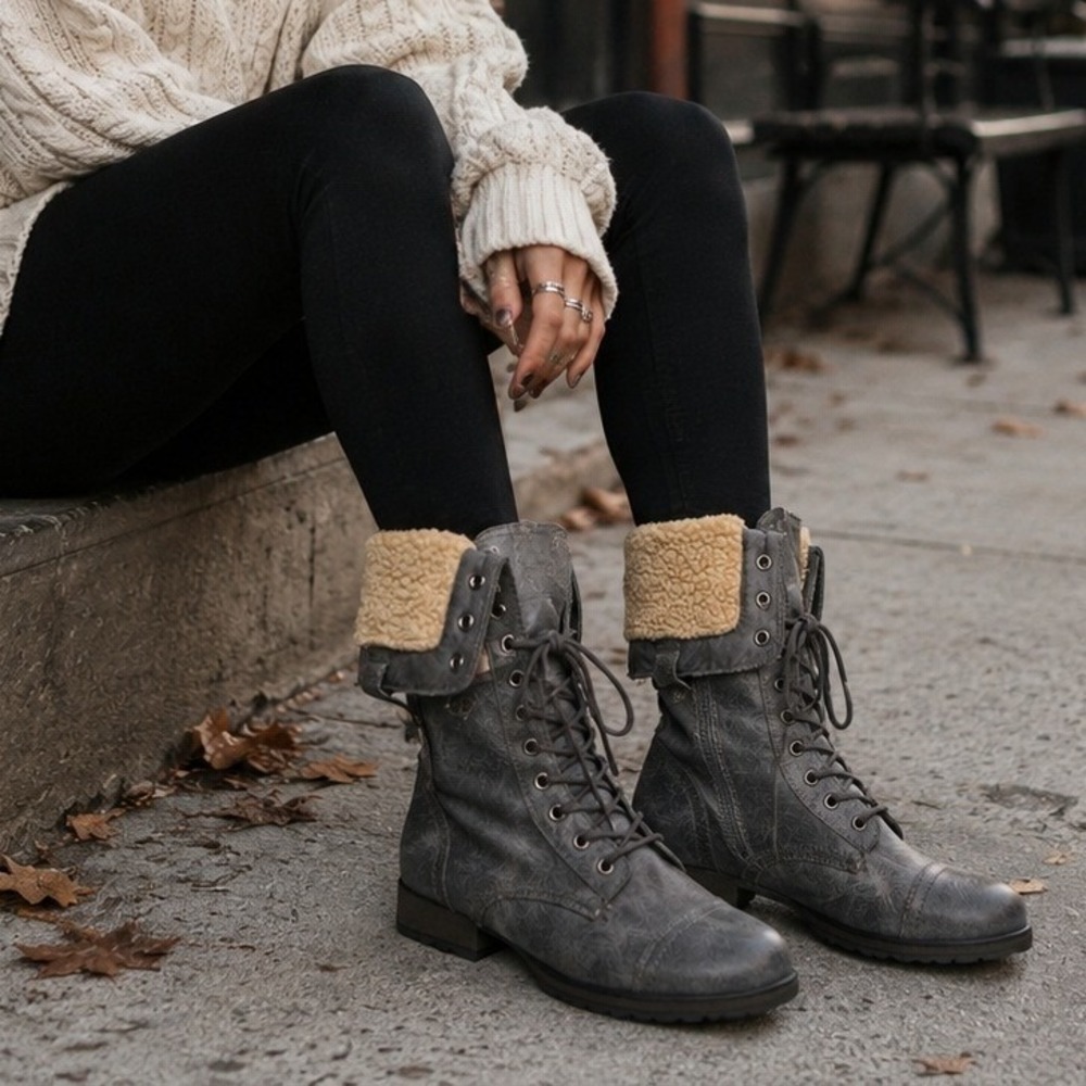 Vintage Bongo Tracey Gray Combat Boots Faux Shearling Deadstock 9 NWT y2k 90s